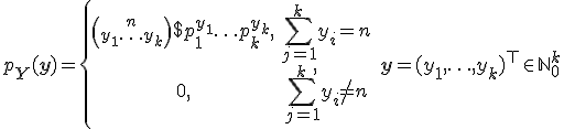 p_{\mathbf{Y}}(\mathbf{y}) = \left\{\begin{matrix}
{n \choose {y_1 \ldots y_k}} p_1^{y_1}\ldots p_k^{y_k}, & \sum\limits_{j=1}^k y_i = n \\
0, & \sum\limits_{j=1}^k y_i \not= n 
\end{matrix}
\right., \quad \mathbf{y} = (y_1,\ldots, y_k)^{\top} \in \mathbb{N}^k_0